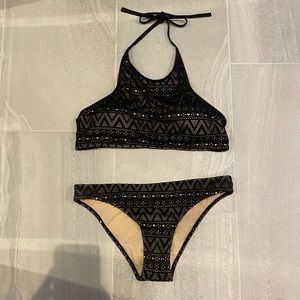 Women’s Black and Tan crochet halter bikini set
